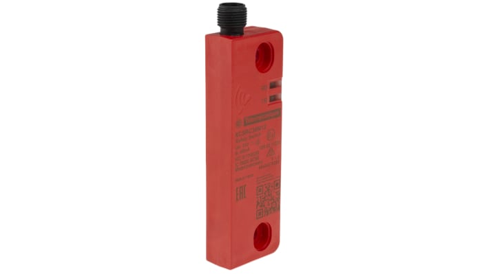 Interruttore di sicurezza RFID Telemecanique Sensors XCSRC30M12, 24V cc, 2 contatti NO, con connettore M12, grado di protezione IP65-69K. Dimensioni 45mm x 15mm x 108.3mm.