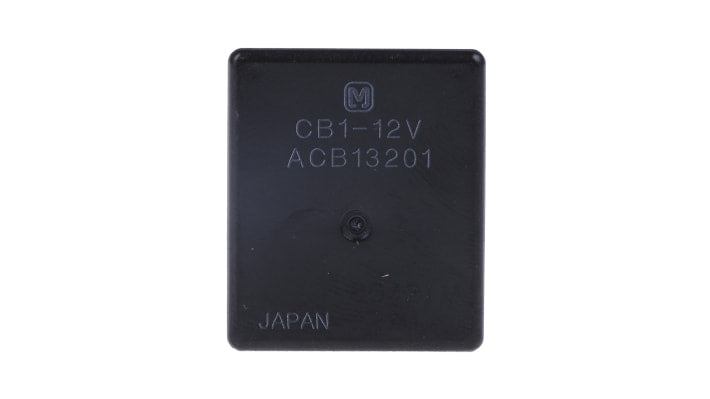 Relè automotive Panasonic CB112 SPDT, bobina 12V cc, corrente 40A, attacco rapido, dimensioni 22 x 26 x 36 mm.