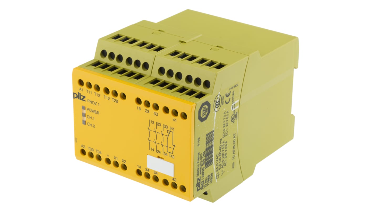 Pilz Relè di sicurezza PNOZ 1, 24V ca, 3 contatti, montaggio su guida DIN, dimensioni 121x90x87mm, categoria ISO 13849-1 3.