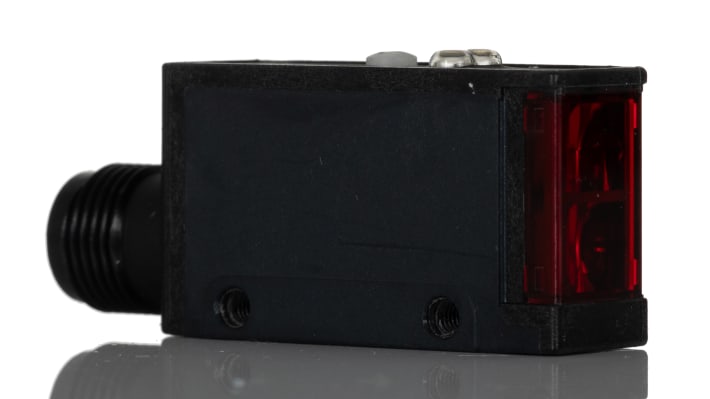Omron E3S AD36, sensore fotoelettrico rettangolare a diffusione, rilevamento 200 mm, uscita PNP, grado di protezione IP67.