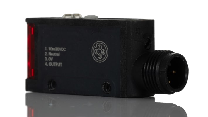 Omron E3S AD36, sensore fotoelettrico rettangolare a diffusione, rilevamento 200 mm, uscita PNP, grado di protezione IP67.