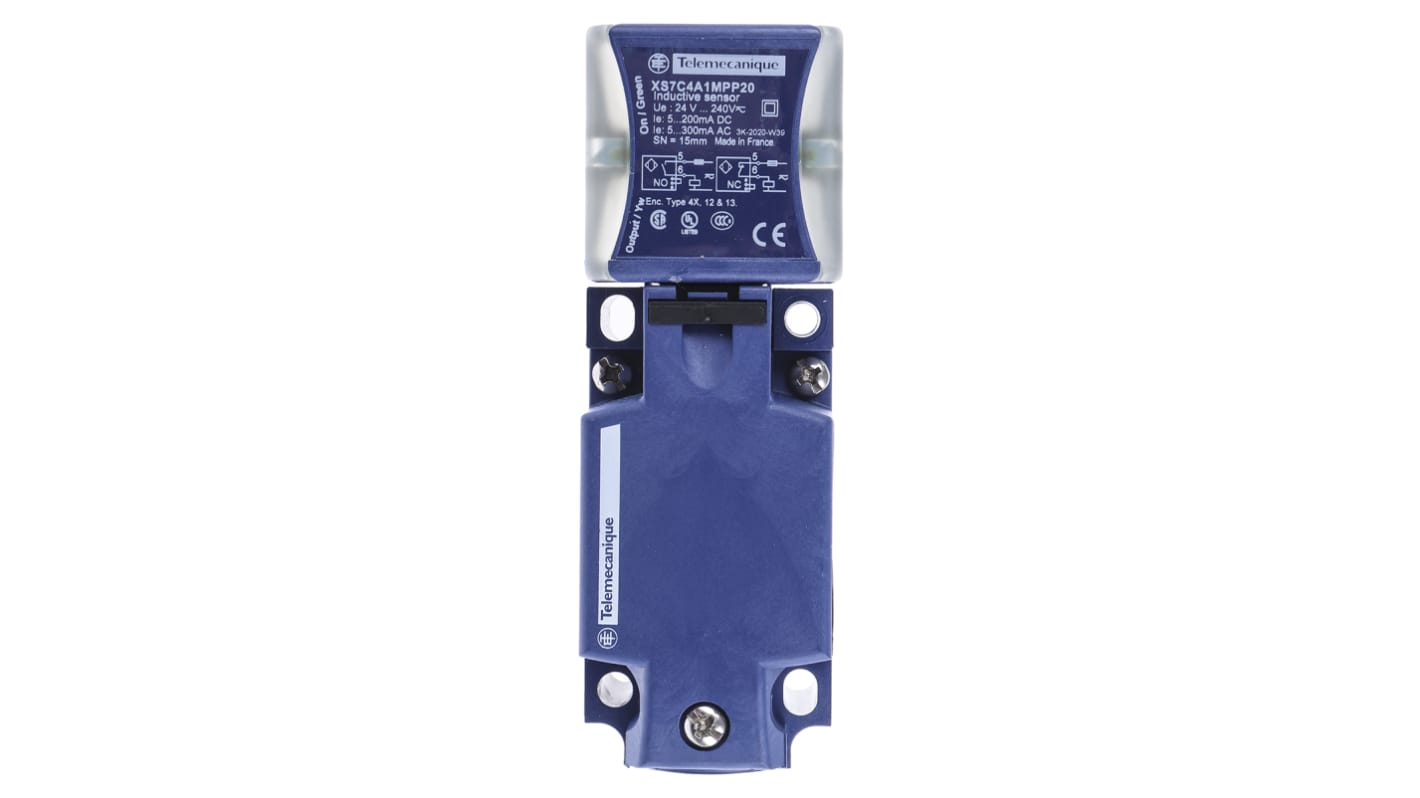 Sensore di prossimità induttivo Telemecanique XS7C4A1MPP20, rilevamento 15 mm, corpo in plastica, dimensioni 40 x 40 x 117 mm, montaggio a filo, grado di protezione IP65/IP67/IP69K.