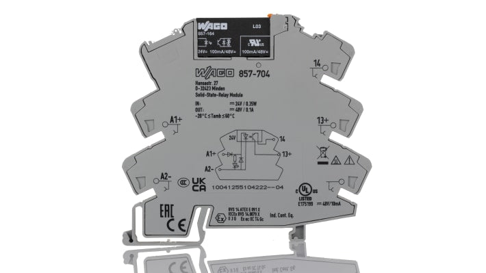 Relè a stato solido Wago 857704, montaggio su guida DIN, corrente massima 0,1 A, dimensioni 94 x 6 x 81 mm.