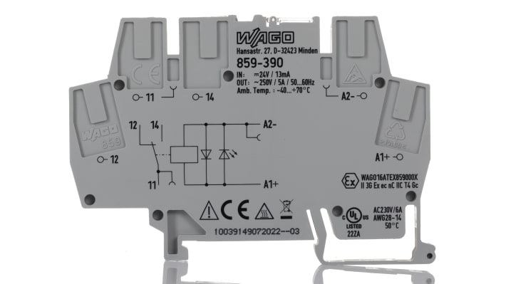 Relè d'interfaccia Wago 859390 SPDT, bobina 24V cc, montaggio su guida DIN, dimensioni 6 x 56 x 91 mm, contatti 5A.