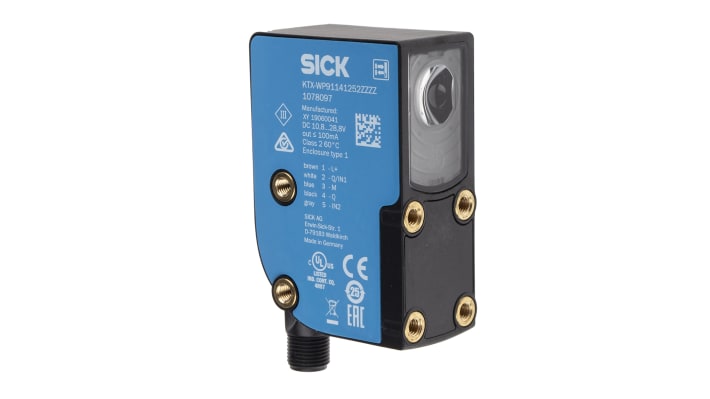 Sensore di contrasto Sick KTX-WP91141252ZZZZZZZZZZZZZZZ1 RGB, montaggio a pannello, rilevamento fino a 13 mm, IP67.
