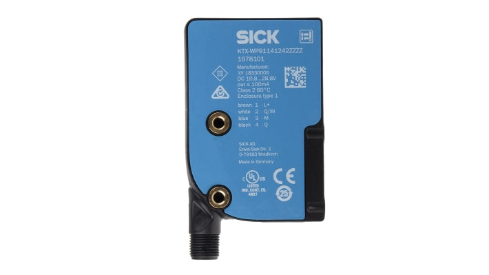 Sensore di contrasto Sick KTX-WP91141242ZZZZZZZZZZZZZZZ1 RGB, montaggio a pannello, IP67, gamma di rilevamento 13 mm.