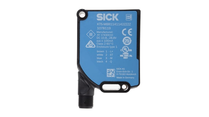 Sensore di contrasto LED Sick KTS-MB81141142ZZZZ, rilevamento fino a 13 mm, uscita Push-pull, montaggio a pannello.