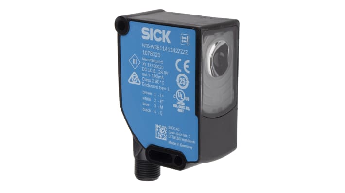 Sensore di contrasto Sick KTS-WB81141142ZZZZ, LED RGB, rilevamento 13 mm, montaggio a pannello, IP67, alimentazione 10,8-28,8 V.