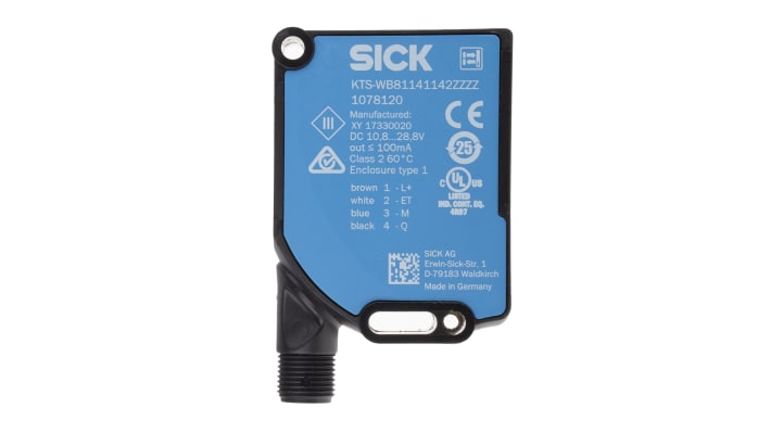 Sensore di contrasto Sick KTS-WB81141142ZZZZ, LED RGB, rilevamento 13 mm, montaggio a pannello, IP67, alimentazione 10,8-28,8 V.