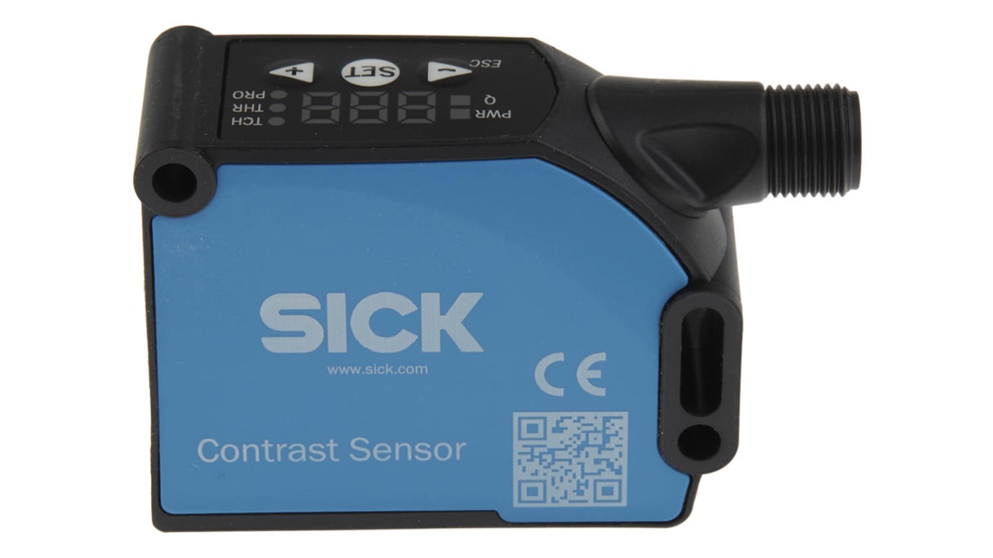 Sensore di contrasto Sick KTS-WB9114115AZZZZ RGB a LED, montaggio a pannello, grado di protezione IP67, rilevamento 13 mm.