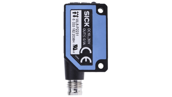 Sensore fotoelettrico rettangolare Sick WL8-P2231, rilevamento fino a 4 m, uscita PNP, montaggio a pannello, grado di protezione IP67.