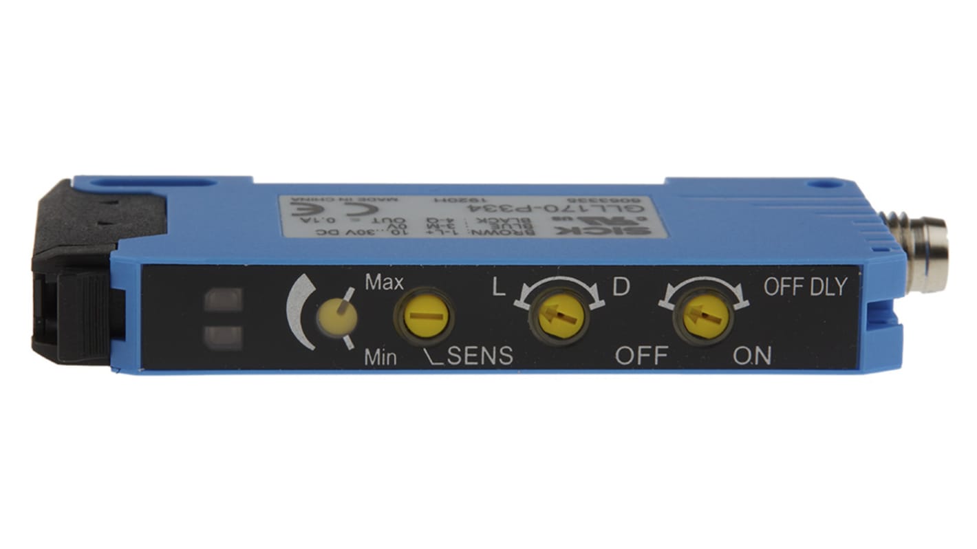 Sensore Sick GLL170-P334 a fibre ottiche PNP, M8 a 4 pin, IP66, -25/+55 °C, montaggio a pannello, 72,5 x 10 x 9,4 mm.
