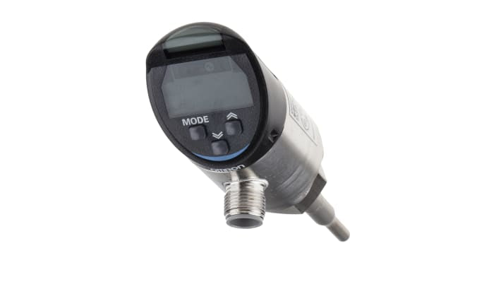 Sensore di flusso Omron E8FC-25T per liquidi, portata 0,6-14 L/min, pressione max 10 MPa, connettore M12.