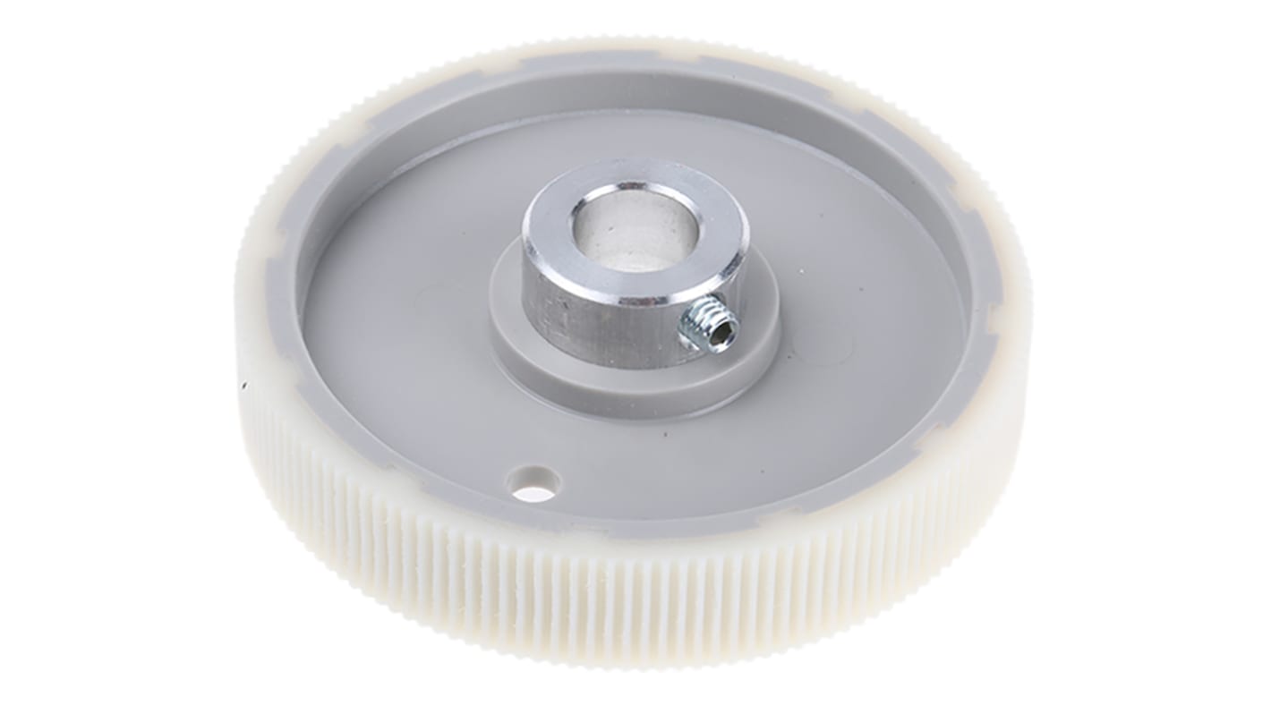 Ruota per encoder Baumer MR291.10D in plastica, con superficie zigrinata e foro di 10 mm, circonferenza di 20 cm.