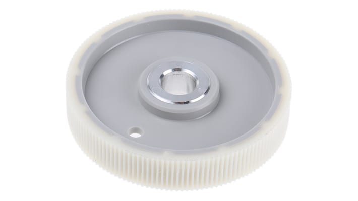 Ruota per encoder Baumer MR291.10D in plastica, con superficie zigrinata e foro di 10 mm, circonferenza di 20 cm.
