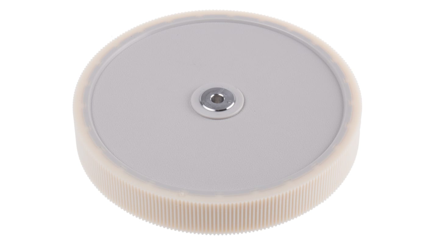 Ruota per encoder Baumer MR592.07D, in plastica con superficie zigrinata, circonferenza 50 cm, foro 7 mm, staffa di montaggio inclusa.