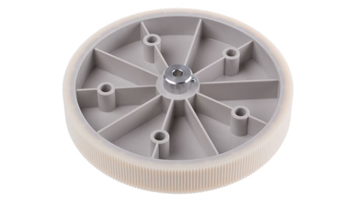 Ruota per encoder Baumer MR592.07D, in plastica con superficie zigrinata, circonferenza 50 cm, foro 7 mm, staffa di montaggio inclusa.