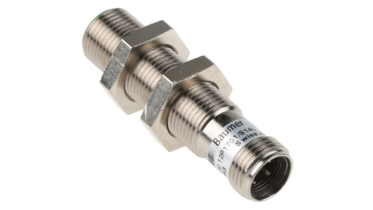 Baumer IFRM 12P1701/S14L, sensore di prossimità cilindrico PNP, corpo in ottone, connettore M12, gamma di rilevamento 4 mm.