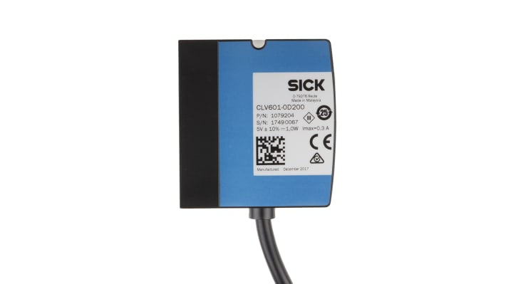 Lettore codici a barre Sick CLV601-0D200, tecnologia CMOS, distanza di lettura 30 mm, dimensioni 55 x 52 x 20 mm.