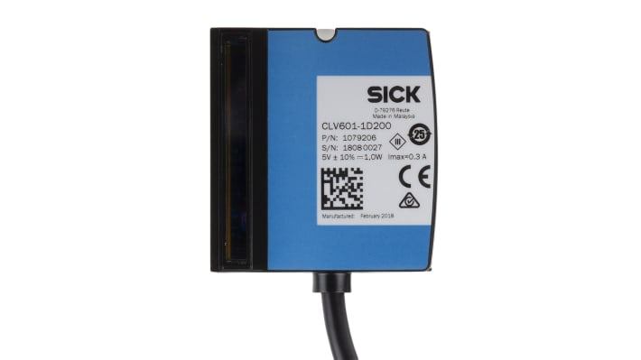 Lettore codici a barre Sick CLV601-1D200, alimentazione 5 V, distanza di lettura 31 mm, dimensioni 55 x 52 x 20 mm.