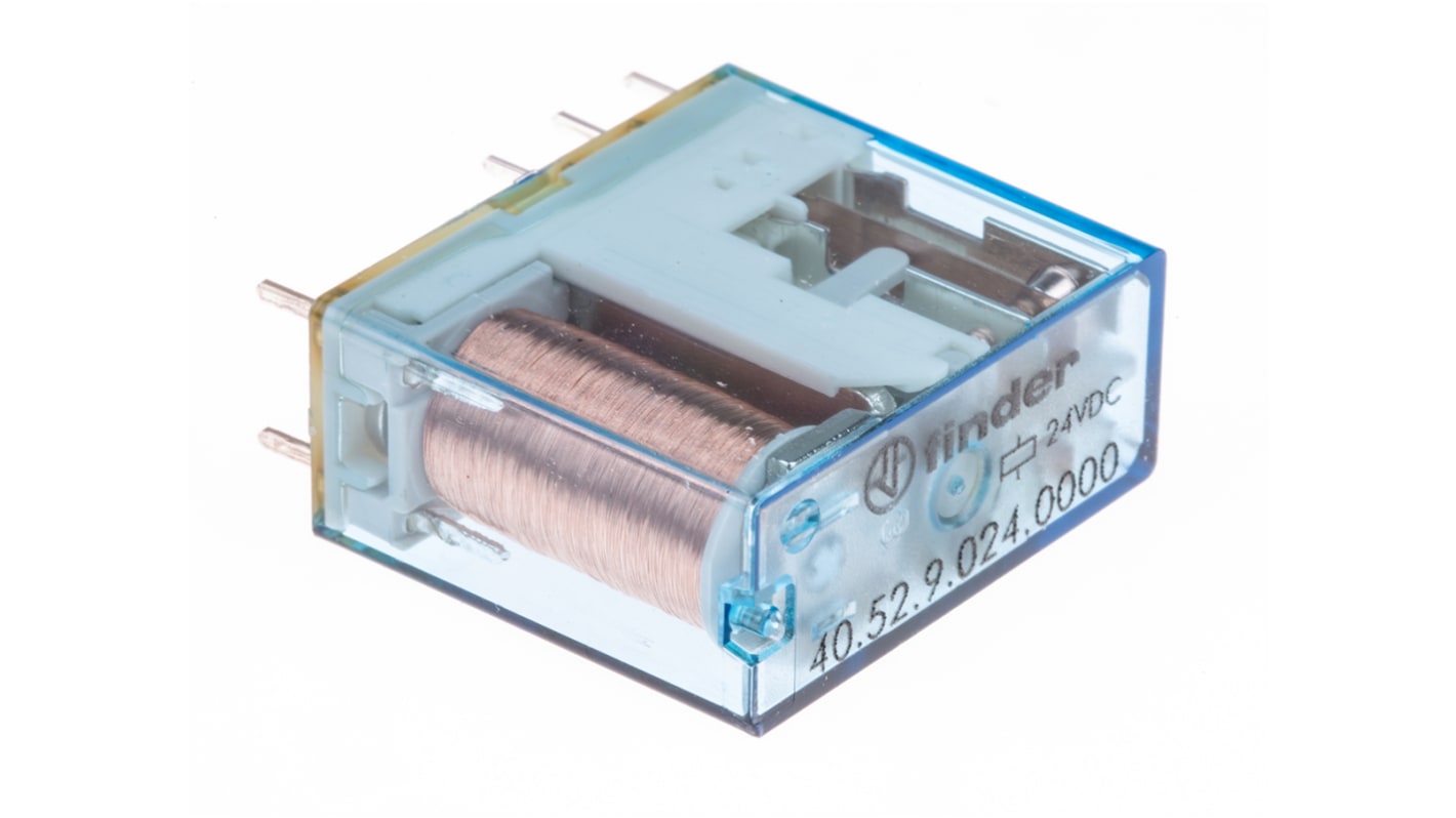 Relè di potenza Finder 40.52.9.024.0000, DPDT, 24V cc, montaggio su PCB, dimensioni 29mm x 12.4mm x 25mm, corrente 8A.