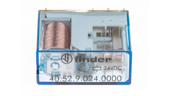 Relè di potenza Finder 40.52.9.024.0000, DPDT, 24V cc, montaggio su PCB, dimensioni 29mm x 12.4mm x 25mm, corrente 8A.
