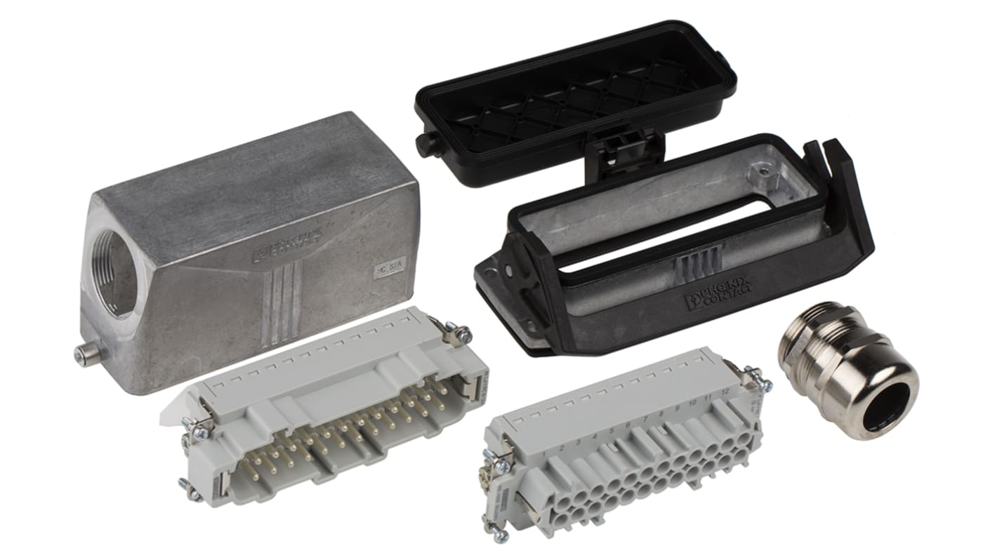 Kit connettore alimentazione Phoenix Contact 1416358, 24 pin, 16A, 500 V, con innesto laterale, in alluminio resistente.