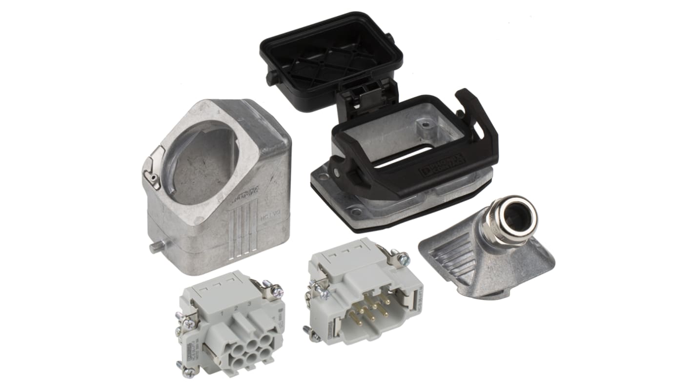 Phoenix Contact, kit connettore alimentazione 6 pin, 16A, 500 V, montaggio a pannello, corpo metallico, orientamento laterale.