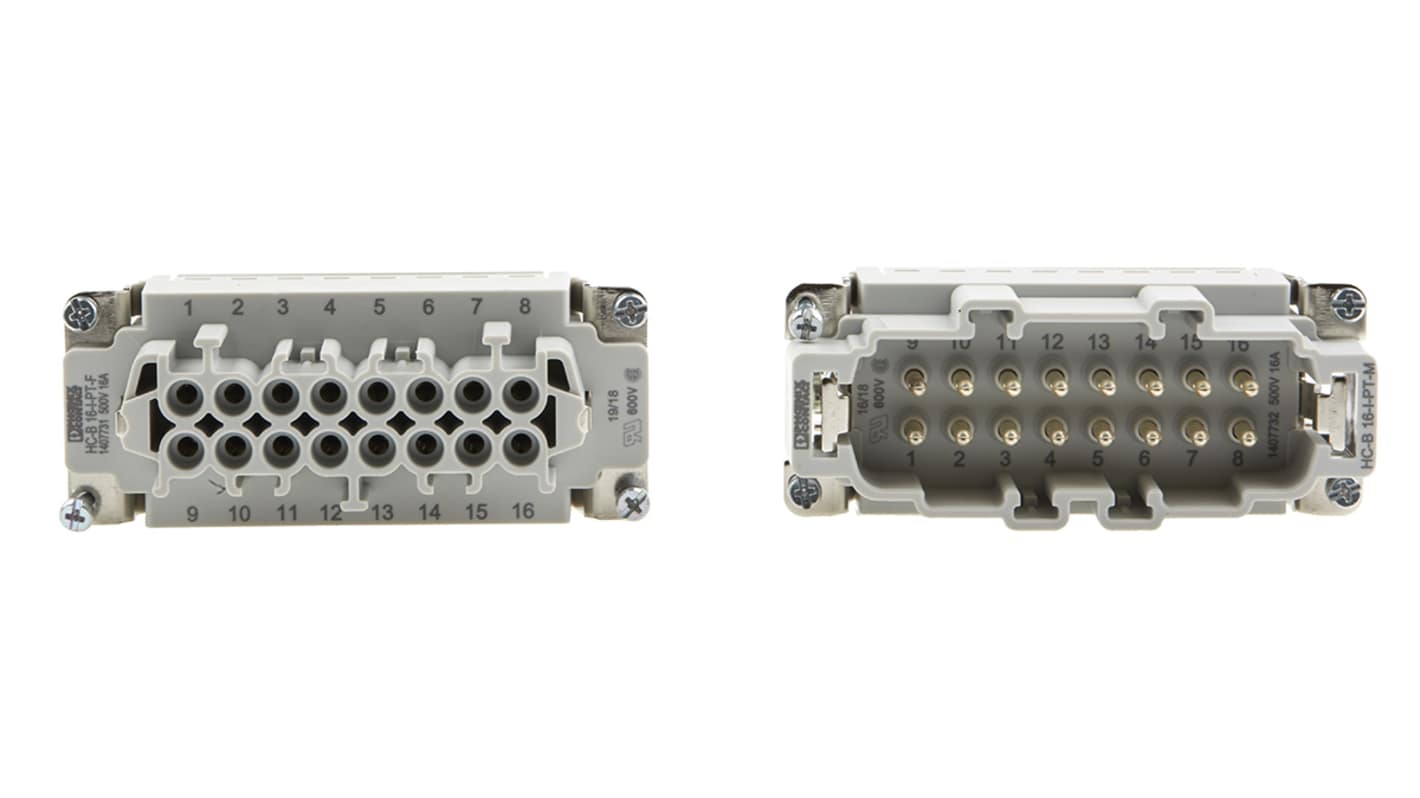 Kit connettore alimentazione Phoenix Contact 1411489, femmina e maschio, 16 pin, 16A, 500 V, montaggio a pannello, orientamento laterale.