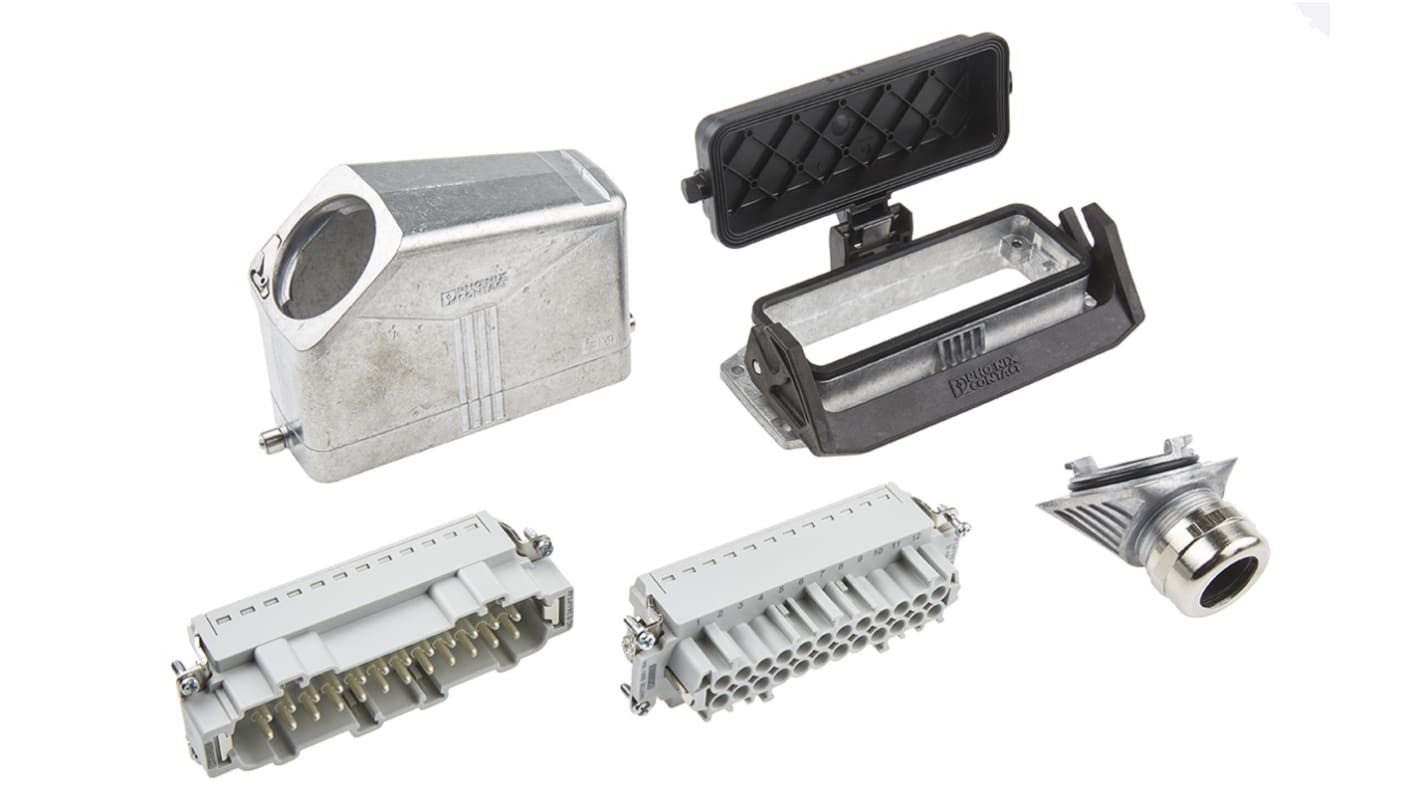 Kit connettore alimentazione Phoenix Contact 1411493, 24 pin, 16A, 500 V, montaggio a pannello, corpo in metallo, orientamento laterale.