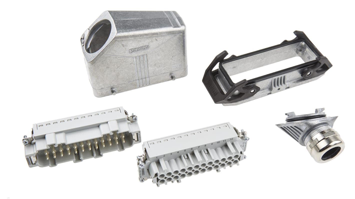 Kit connettore alimentazione Phoenix Contact, 24 pin, 16A, 500 V, montaggio a pannello, corpo in metallo, orientamento laterale.