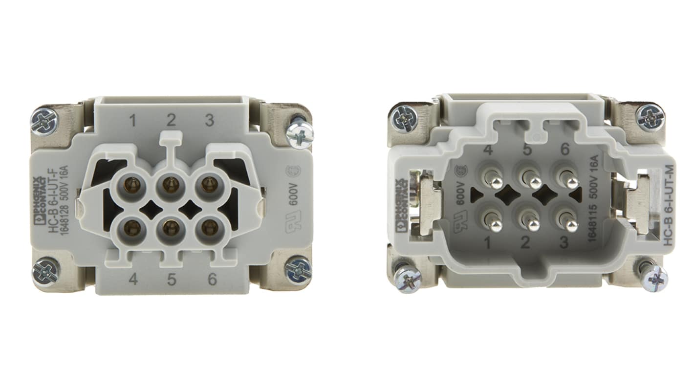 Kit connettore alimentazione Phoenix Contact 1409671, 6 posizioni, corpo B6, montaggio a pannello, corrente 16 A, tensione 500 V.