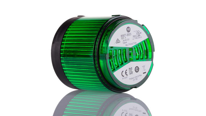 Torretta di segnalazione Allen Bradley 856T-BB3, luce verde LED, alimentazione 24 V, IP67, altezza 77 mm, base 70 mm.