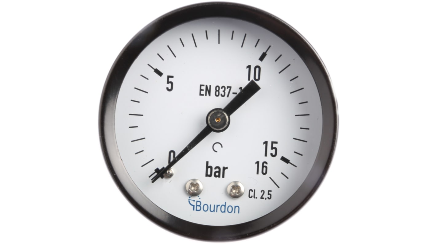 Manometro Bourdon MAT2F20B24, 50 mm, attacco G 1/4, pressione 0-16 bar, precisione ± 2.5%, certificato ISO.