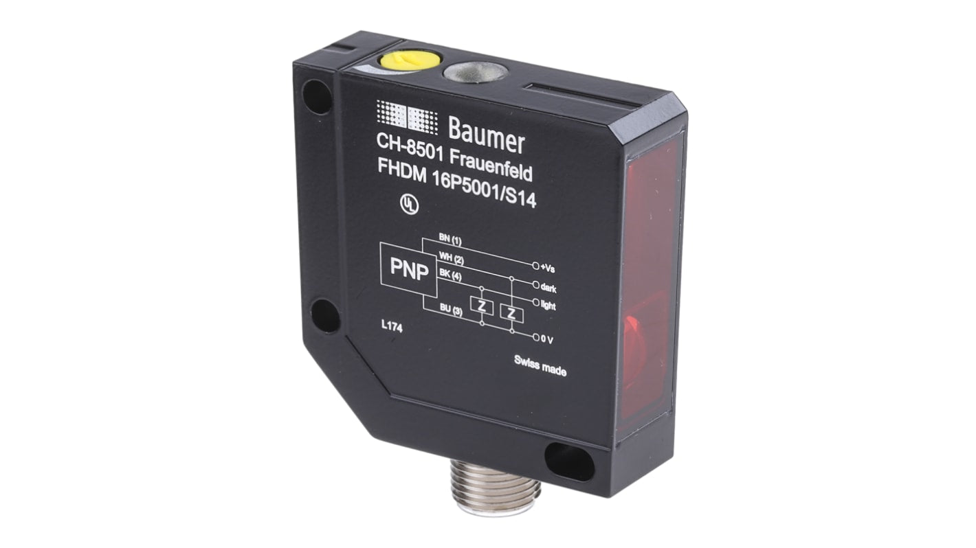 Sensore fotoelettrico Baumer FHDM 16P5001/S14, rilevamento da 20 mm a 450 mm, uscita PNP, grado di protezione IP67.