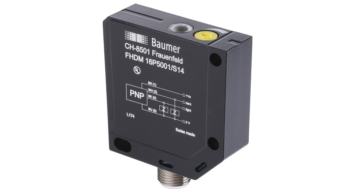 Sensore fotoelettrico Baumer FHDM 16P5001/S14, rilevamento da 20 mm a 450 mm, uscita PNP, grado di protezione IP67.