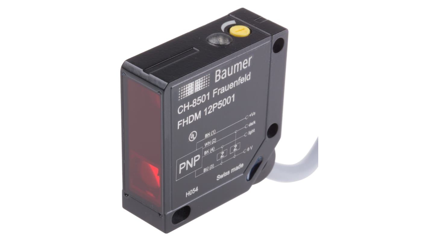 Baumer FHDM 12P5001, sensore fotoelettrico rettangolare a scansione diffusa, rilevamento 15-300 mm, alimentazione 10-30 V, IP67.