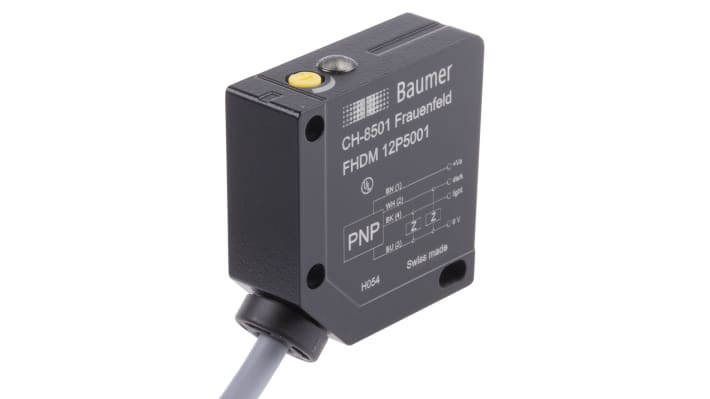 Baumer FHDM 12P5001, sensore fotoelettrico rettangolare a scansione diffusa, rilevamento 15-300 mm, alimentazione 10-30 V, IP67.