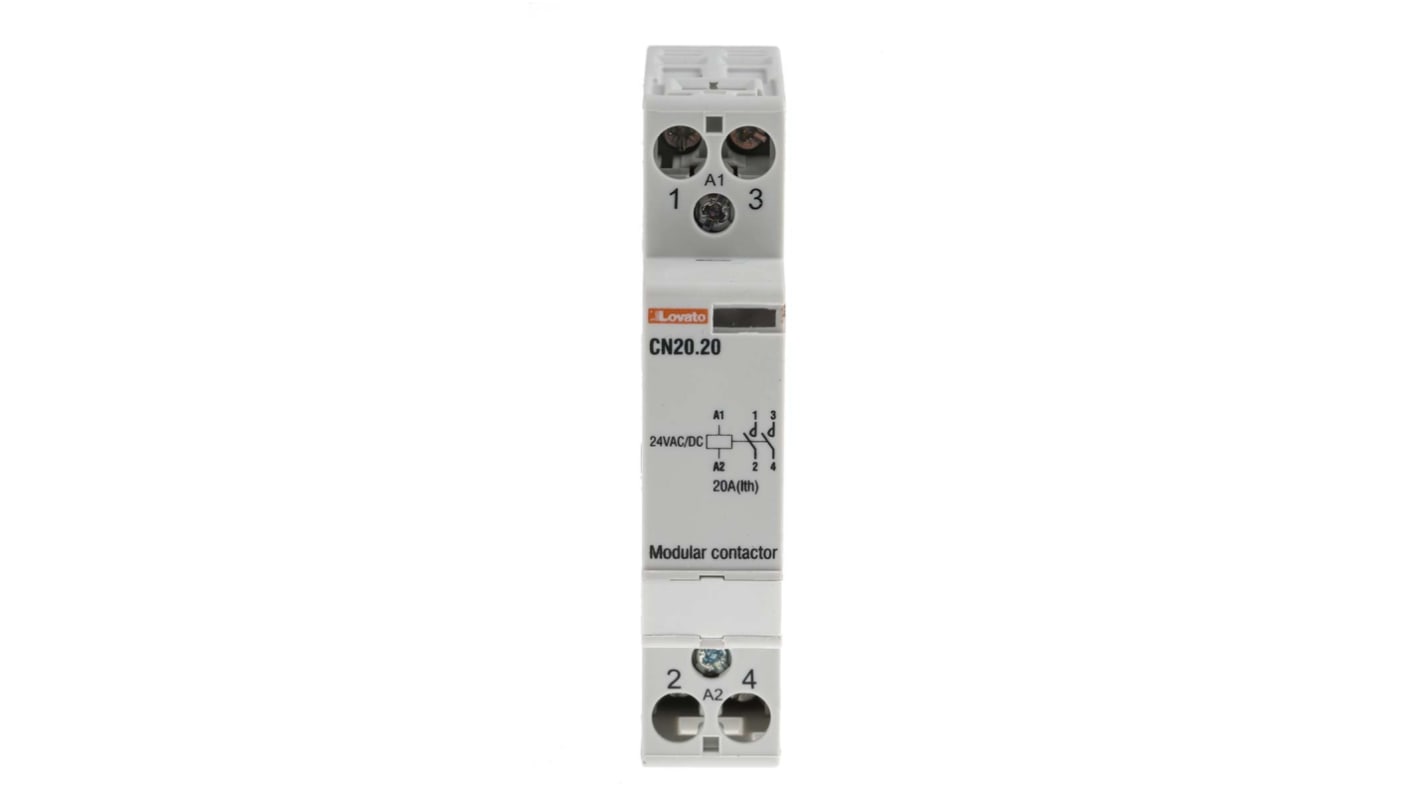 Contattore Lovato CN2020024, 2 poli NA, 20 A, tensione 24 V, montaggio su guida DIN, dimensioni 17,5 x 65 x 85 mm.