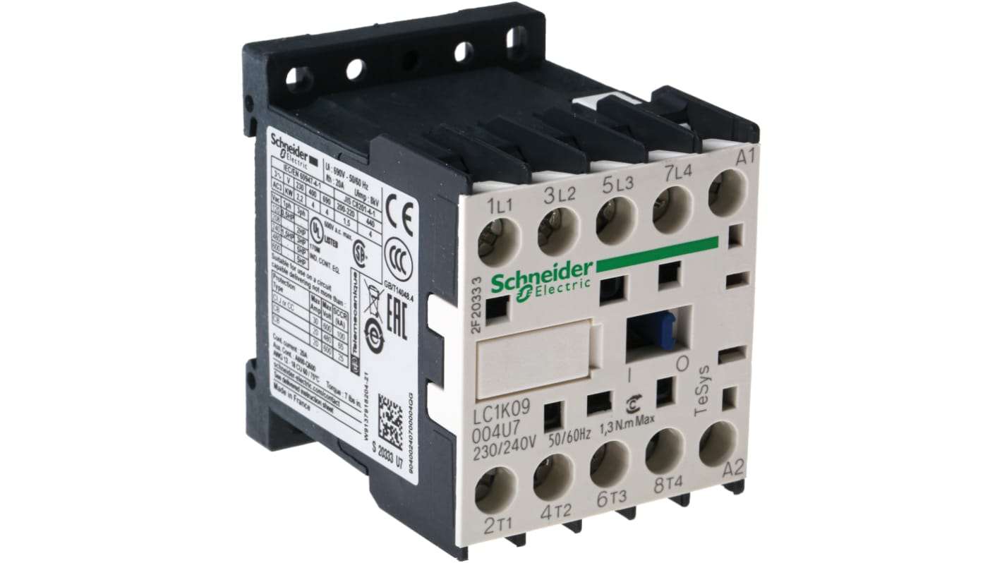 Contattore Schneider Electric LC1K09004U7, 4 poli, 20 A, montaggio su guida DIN, dimensioni 58 x 45 x 57 mm.