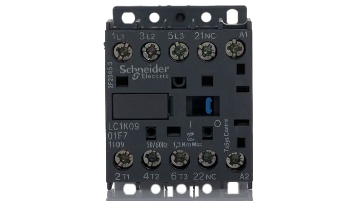 Contattore Schneider Electric LC1K0901F7, 3 poli 20A 4kW 110V CA - Montaggio su guida DIN per controllo motori industriali.