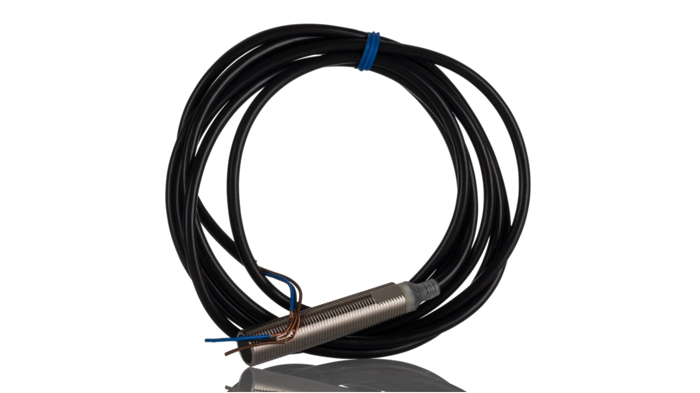 Omron E2E-X4B1TL12 2M, sensore di prossimità cilindrico PNP, rilevamento 4 mm, custodia in ottone, montaggio a filo.