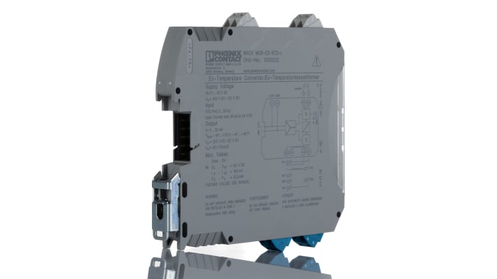 Condizionatore di segnale Phoenix Contact 1050222, montaggio su guida DIN, ingresso RTD, uscita 4-20 mA, certificato ATEX.