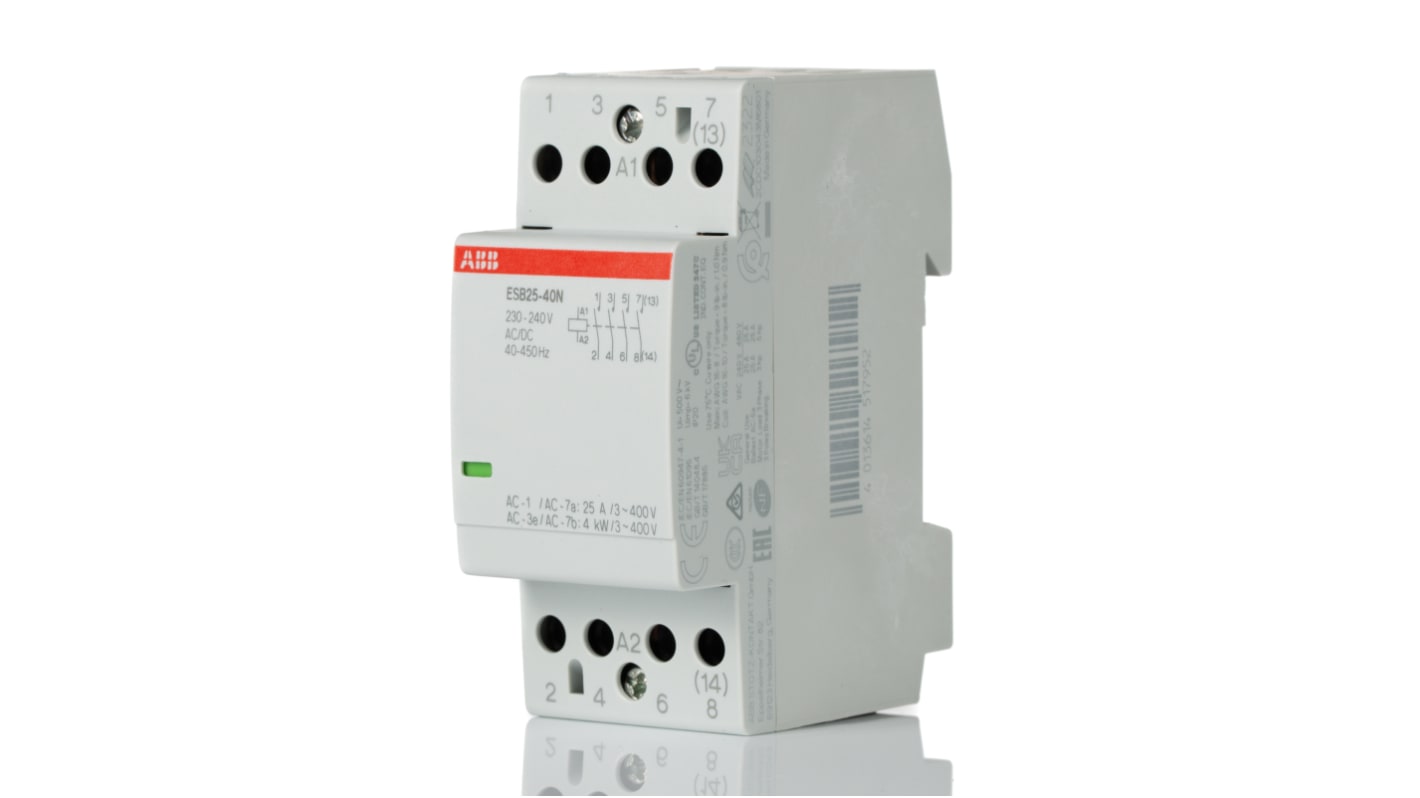 Contattore ABB HD451795, 4 poli, 25 A, bobina 230 V c.a., dimensioni 65x36x85 mm, grado di protezione IP20.