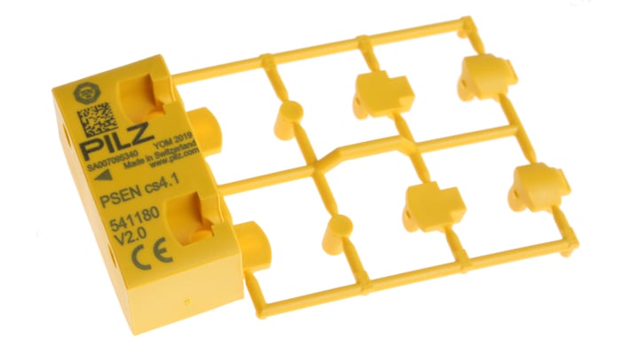 Interruttore di sicurezza senza contatto Pilz 541111, tecnologia transponder, 24V cc, protezione IP67, dimensioni 26.4mm x 37mm x 18mm.