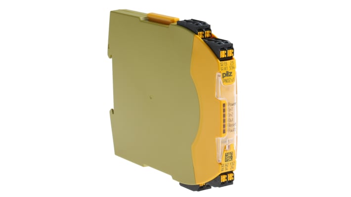 Pilz 751101, relè di sicurezza a 2 canali con 2 contatti, alimentazione 24V cc, dimensioni 12.5x120x98mm, alloggiamento in lega di alluminio.