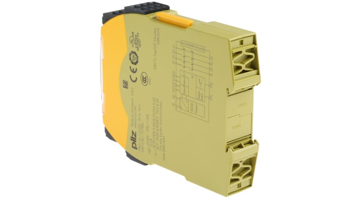 Relè di sicurezza Pilz 751106, 2 canali, 3 contatti, 24V cc, dimensioni 22.5mm x 120mm x 98mm, monitoraggio automatico.