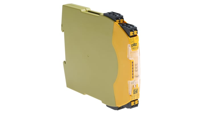 Relè di sicurezza Pilz 751108, 24V cc, 2 canali, 2 contatti, monitoraggio automatico, dimensioni 120mm x 12.5mm x 98mm.