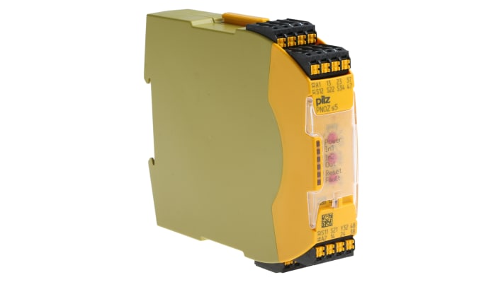 Relè di sicurezza Pilz 751135, 2 canali, 48-240V, contatti di sicurezza, dimensioni 120x22.5x98mm, reset automatico e manuale.