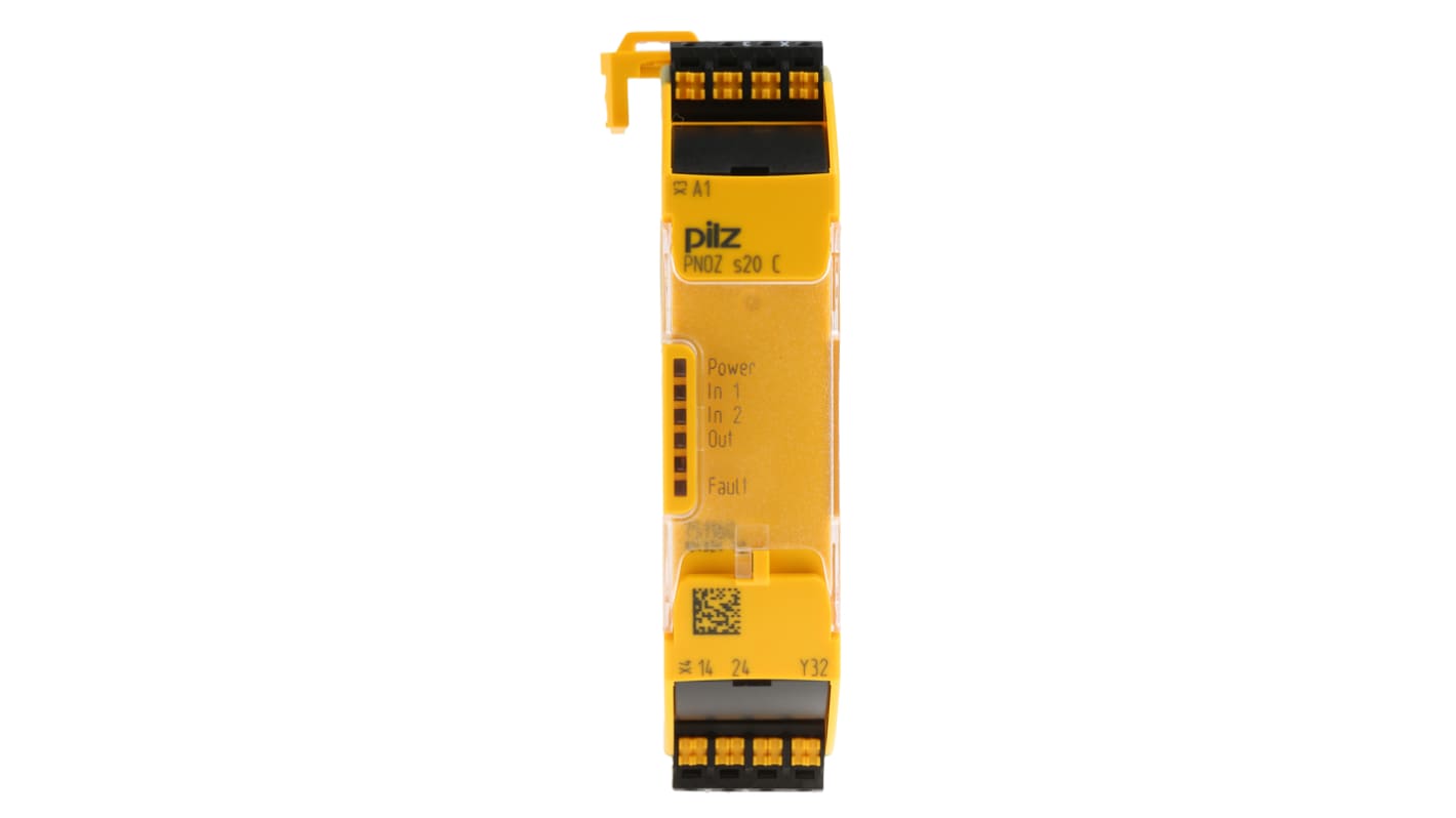 Pilz, relè di sicurezza a 2 canali PNOZ s20, 24V cc, monitoraggio automatico, dimensioni 22.5mm x 120mm x 98mm.